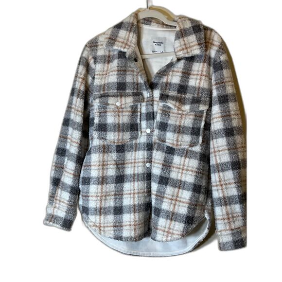 Abercrombie & Fitch Plush Plaid Shirt Jacket Shacket Neutral Tones - Size Small - Picture 1 of 3
